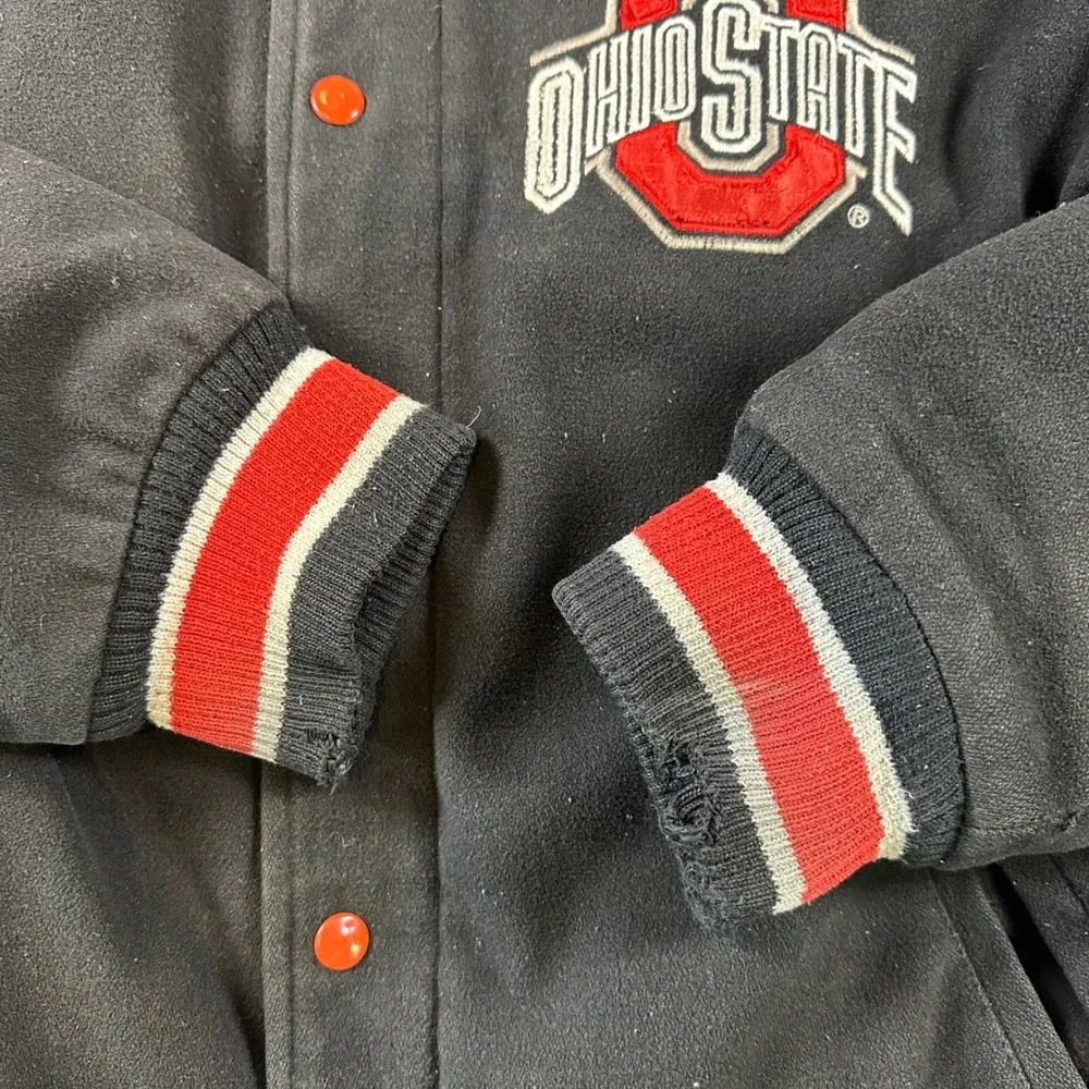 G-III Ohio State Buckeyes Varsity Bomber Jacket Mens Medium Black Red Wool Snap - Picture 6 of 9